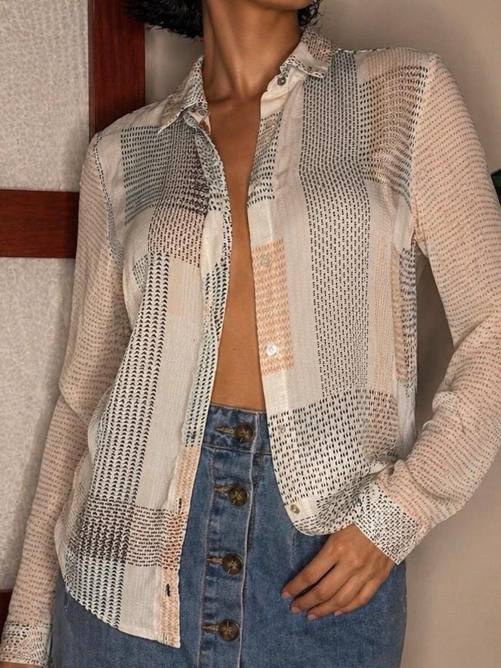 Sheer Patchwork-Print Button Front Blouse - Cream Multi